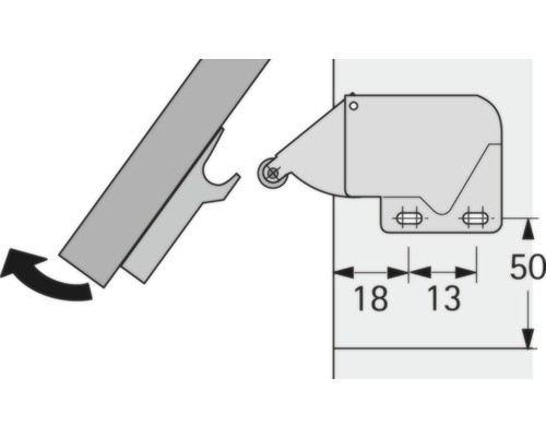 Darstellung eines Möbelbeschlags mit Maßangaben für die Montage.