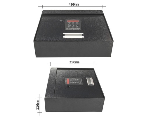 Dargestellt ist ein Möbeltresor mit den Maßen 400 Millimeter Breite, 350 Millimeter Tiefe und 110 Millimeter Höhe.