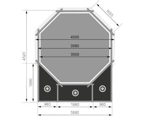 Grundrisszeichnung eines Gartenhauses mit Maßangaben