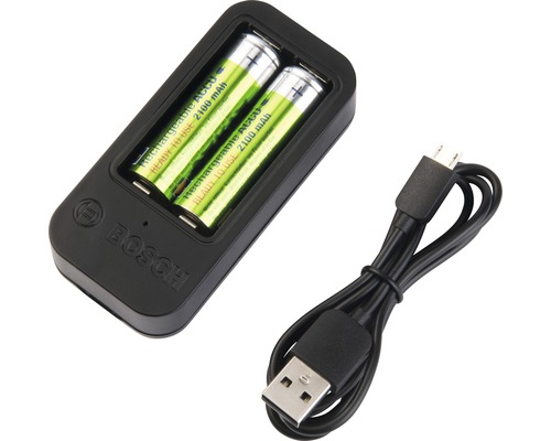 Batterieladegerät mit zwei Akkus und USB-Kabel
