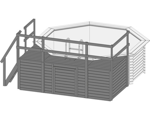 Illustration eines Achtformpools mit Holzverkleidung, Treppe und Leiter