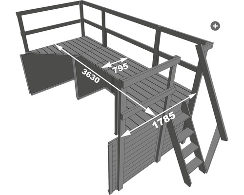 Spielturm mit den Maßen 3630, 795 und 1785 Millimeter.