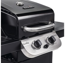 Detailansicht eines schwarzen Gasgrills mit silberfarbenen Bedienelementen und Griff.
