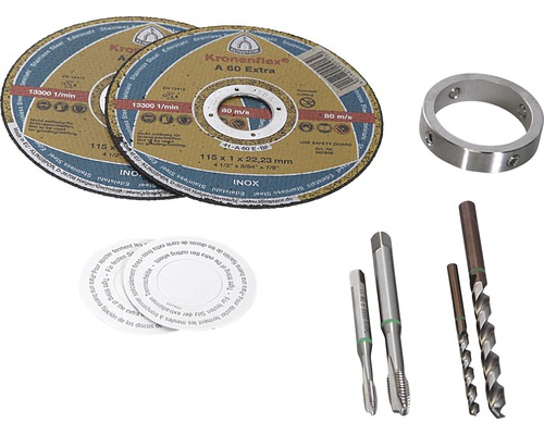 Zwei Trennscheiben, ein Metallring, zwei Gewindebohrer, zwei Spiralbohrer und Schleifscheibenverstärker