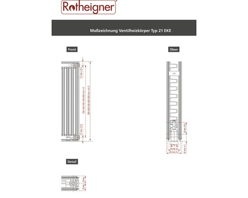 Rotheigner Maßzeichnung Ventilheizkörper Typ 21 EKE mit Ansichten von vorne, von oben und als Detail