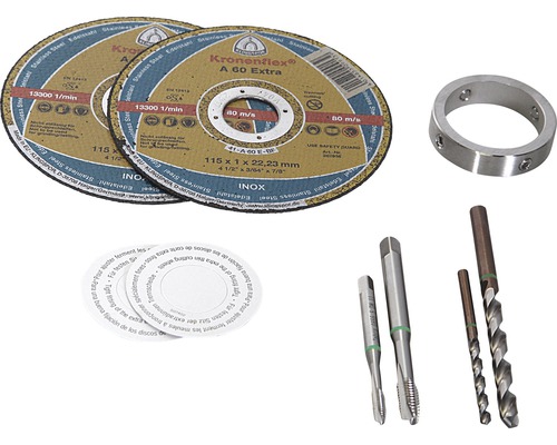 Set mit zwei Trennscheiben, einem Ring, zwei Bohrern und zwei Gewindebohrern