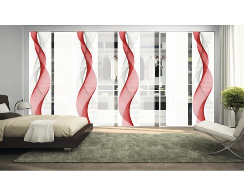 Schlafzimmer mit Schiebetürenschrank und abstraktem Wellendesign