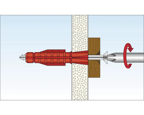Illustration einer Dübelmontage in einer Wand mit Schraubendreher