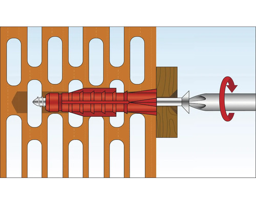 Illustration einer Dübelbefestigung in einem gelochten Ziegelstein mit Schraube und Drehbewegung