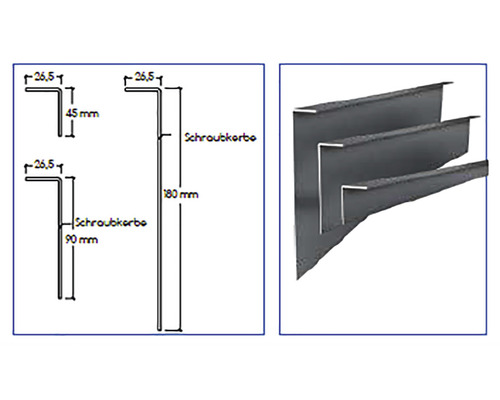 Technische Zeichnung und Produktabbildung von Dachrinnenwinkeln mit Schraubkerbe