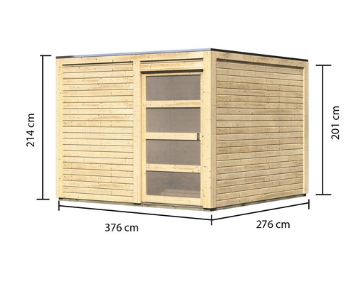 Gartenhaus aus Holz mit Tür und Größenangaben