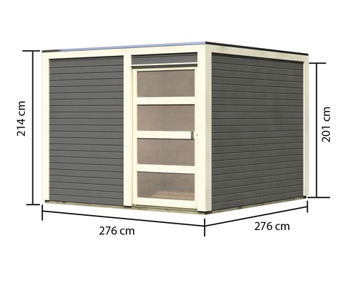 Gartenhaus mit Tür und den Maßen 276 mal 276 mal 214 Zentimeter