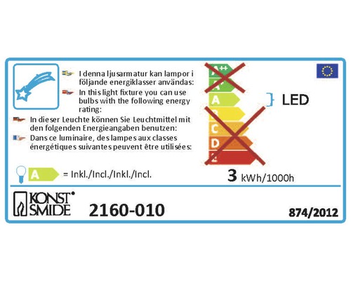Energielabel für Leuchte mit LED-Lampen der Energieklasse A. Konstsmide Logo.