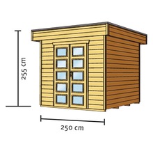 Abbildung eines Gartenhauses mit den Maßen 255 cm Höhe und 250 cm Breite.