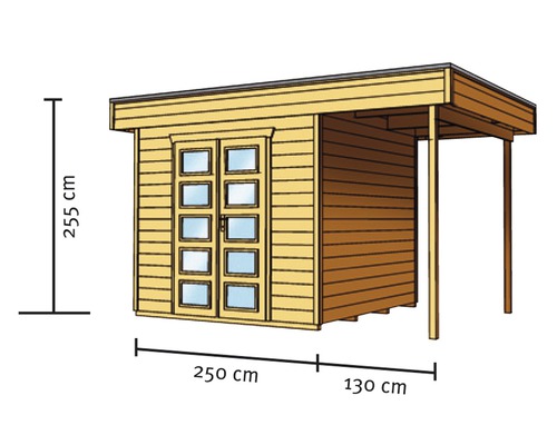 Abbildung eines Gartenhauses aus Holz mit einer Höhe von 255 cm, einer Breite von 250 cm und einer Tiefe von 130 cm.