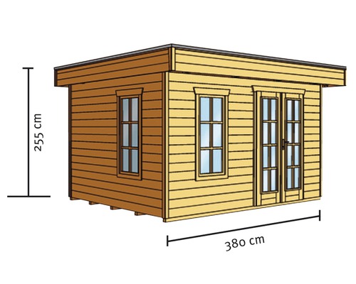 Abbildung eines Holzgartenhauses mit den Maßen 380 cm Länge und 255 cm Höhe.
