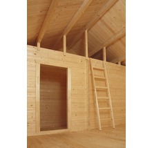 Holzhaus Innenansicht mit Leiter und offener Tür