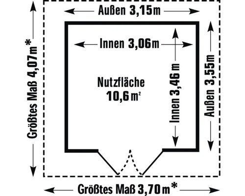 Grundrisszeichnung mit Außenmaßen 3,15 Meter mal 3,55 Meter, größten Maßen 4,07 Meter mal 3,70 Meter, Innenmaßen 3,06 Meter mal 3,46 Meter und einer Nutzfläche von 10,6 Quadratmetern