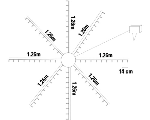 Draufsicht einer Sternhalterung mit acht Armen und den Maßen 1,26 Meter