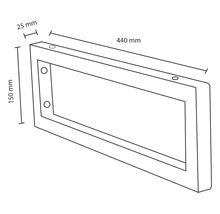 Technische Zeichnung eines rechteckigen Rahmens mit den Maßen 150 mm Höhe, 440 mm Länge und 25 mm Dicke.