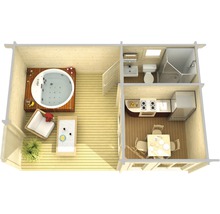 Grundriss eines Holzhauses mit Wohnzimmer, Bad, Küche und Essbereich