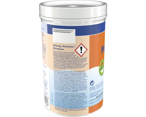 Behälter mit Hinweiszeichen und Angaben zum Mindesthaltbarkeitsdatum.