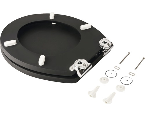 Schwarzer Toilettensitz mit Befestigungsmaterial