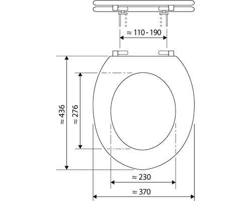 Technische Zeichnung eines Toilettensitzes mit Maßangaben