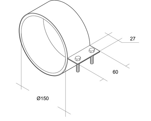 Technische Zeichnung einer Rohrschelle mit einem Durchmesser von 150 mm und Befestigungsmaßen