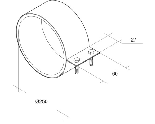 Technische Zeichnung einer Rohrschelle mit den Maßen 27, 60 und Durchmesser 250.