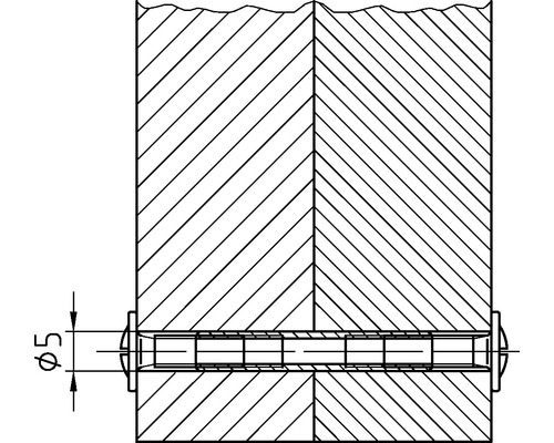 Zeichnung eines Holzdübels mit einem Durchmesser von fünf Millimetern zwischen zwei Holzstücken.