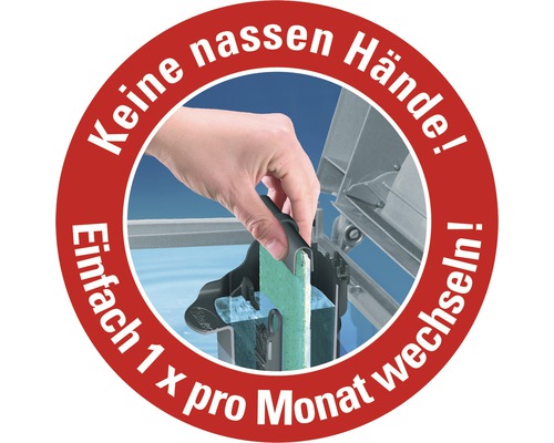 Symbol: Keine nassen Hände, einfacher Wechsel einmal pro Monat