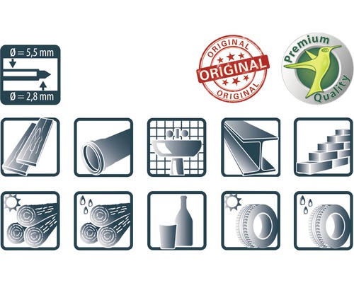 Symbol für Bohrdurchmesser, Original Siegel, Premium Qualität Siegel, Holz, Rohr, Waschbecken, Stahlträger, Mauer, Holzbündel, Flasche mit Glas, Reifen