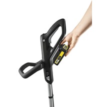Aufsicht auf einen Akku-Rasentrimmer mit eingesetztem Akku.