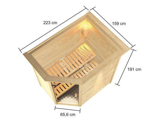 Technische Zeichnung einer Sauna mit den Maßen 223 cm, 159 cm, 191 cm, 57 cm, 27 cm und 65,6 cm.