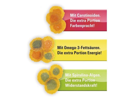 Close-up von Fischfutter mit Carotinoiden, Omega-3-Fettsäuren und Spirulina-Algen