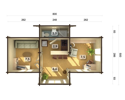 Grundriss eines Holzhauses mit Bemaßung.
