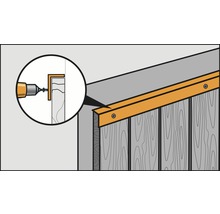 Illustration einer Holzkonstruktion mit Befestigungswinkel und Schrauben