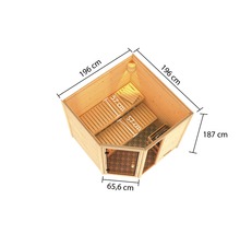 Innenansicht einer Holzsauna mit Bänken und Maßangaben