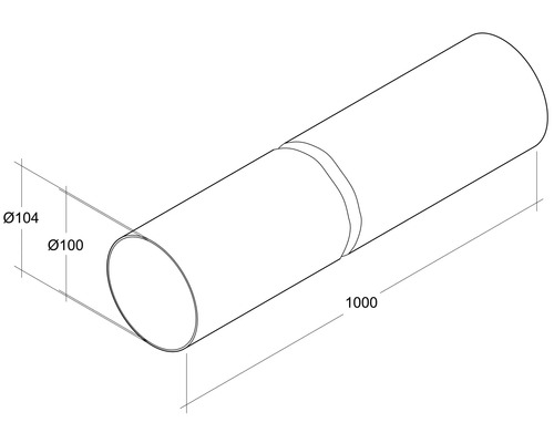 Illustration eines Rohres mit den Maßen 104 mm Außendurchmesser, 100 mm Innendurchmesser und 1000 mm Länge.
