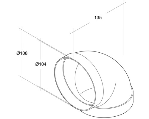 Illustration eines Rohrbogens mit den Maßen 108 mm, 104 mm und 135 mm