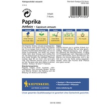 Paprika Amboy Saatgutpackung mit Informationen zu Aussaat, Keimung, Kultur, Abstand und Ernte