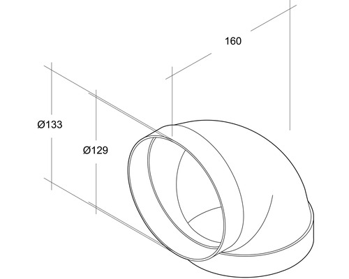 Illustration eines 90-Grad-Bogens mit den Maßen 129 Millimeter, 133 Millimeter und 160 Millimeter