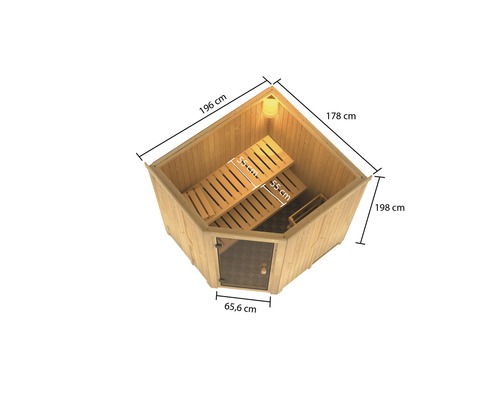 Draufsicht einer Holzsauna mit Bänken und Glasfront mit Maßangaben