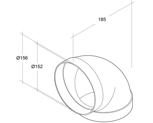 Technische Zeichnung eines Rohrbogens mit den Maßen 156 mm, 152 mm und 185 mm.