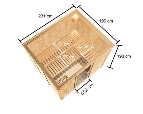 Illustration einer Holzsauna mit Maßangaben zu Länge und Breite