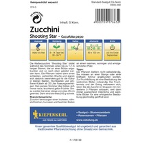Zucchini Shooting Star Saatgutpackung mit Informationen zu Aussaat, Keimung, Kultur, Abstand und Ernte