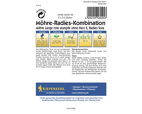 Möhre Radies Kombination Saatgutpackung mit Informationen zu Aussaat, Keimung, Kultur und Ernte