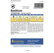 Basilikum Try-Basil-Mix Saatgutpackung mit Informationen zu Aussaat, Keimung, Kultur, Abstand und Ernte