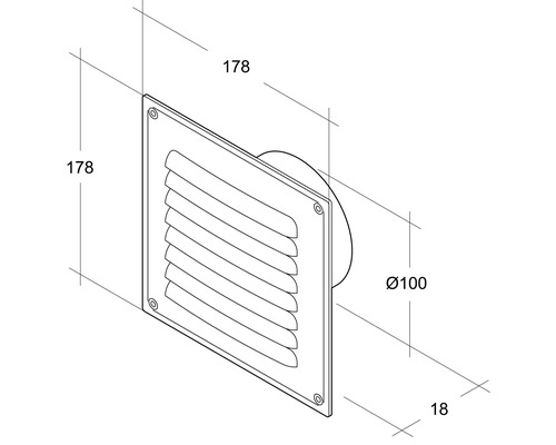 Belüftungsgitter mit den Maßen 178 x 178 Millimeter und einem Durchmesser von 100 Millimeter